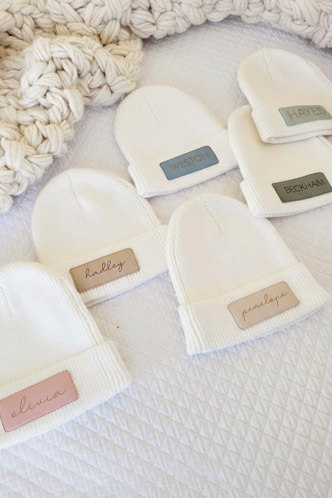 personalized leather patch beanies for babies
