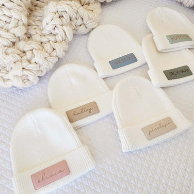 personalized leather patch beanies for babies