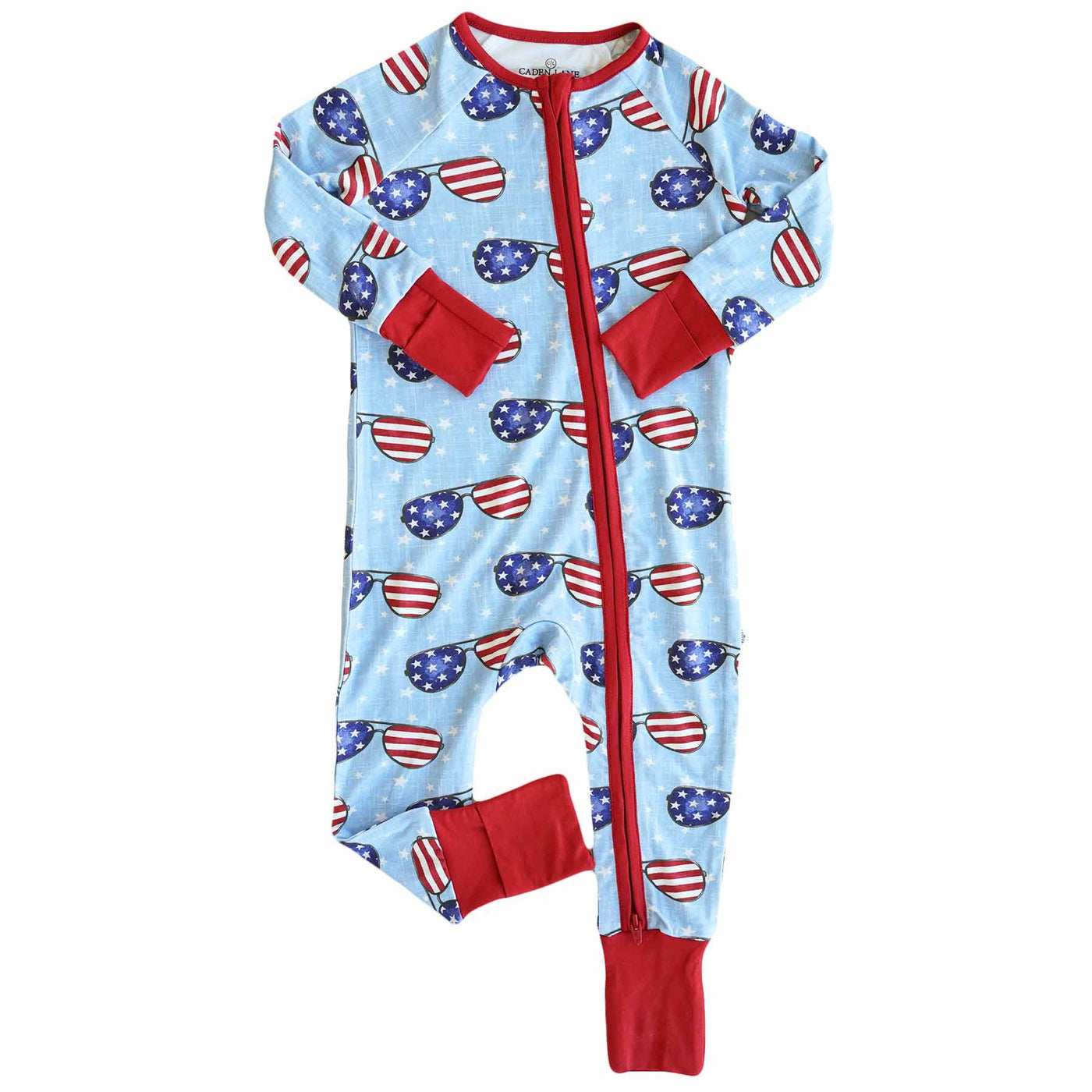 baby pajama romper with red, white and blue sunglasses for the 4th of july 