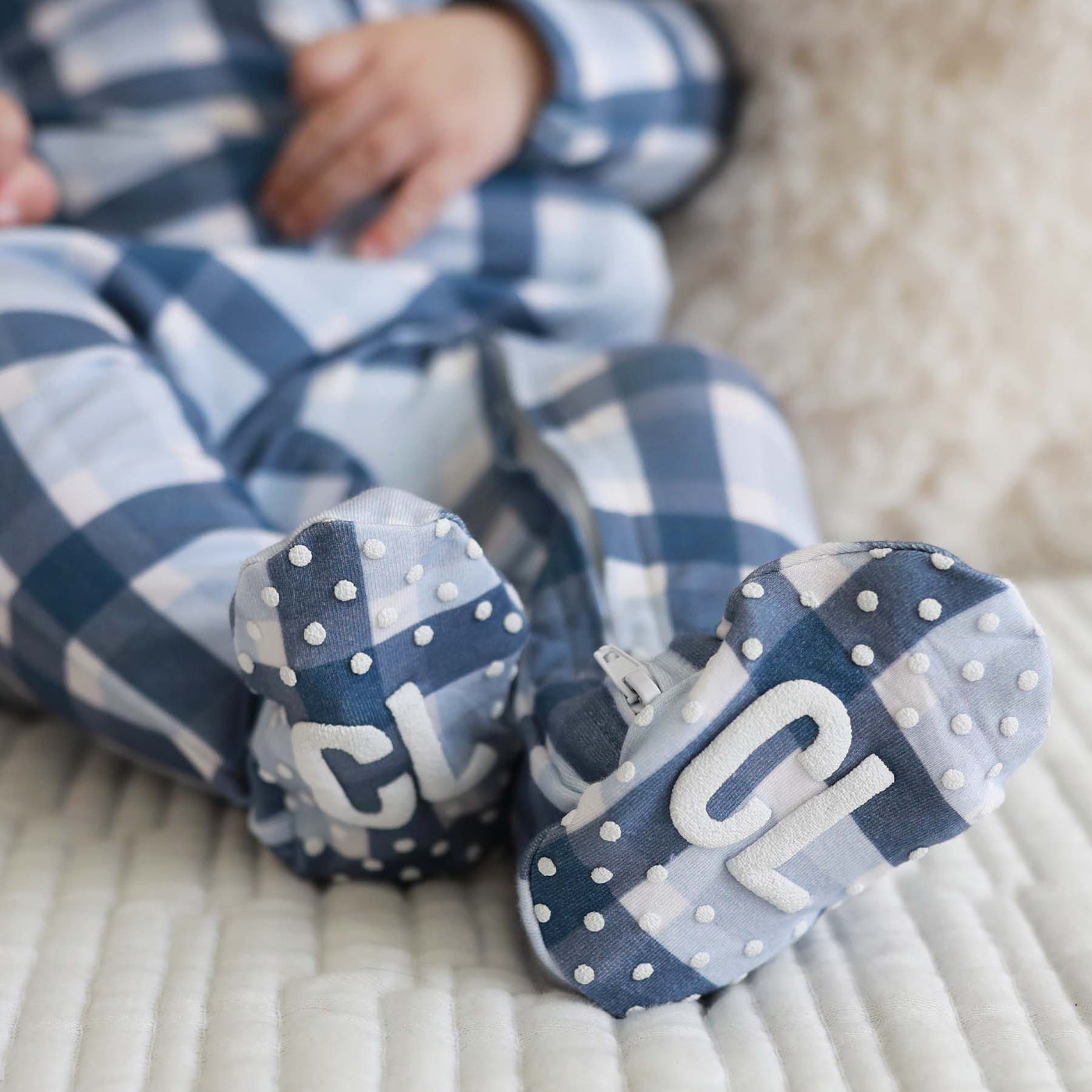 baby footie pajamas blue plaid 