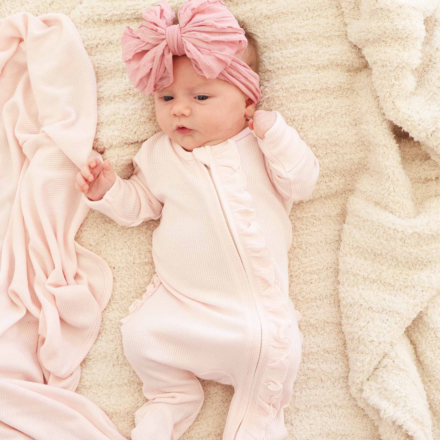 Pearl Pink Bamboo Waffle Zipper Ruffle One-Piece Footie | Caden Lane