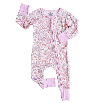 baby full-length zipper romper pink and purple poppies 
