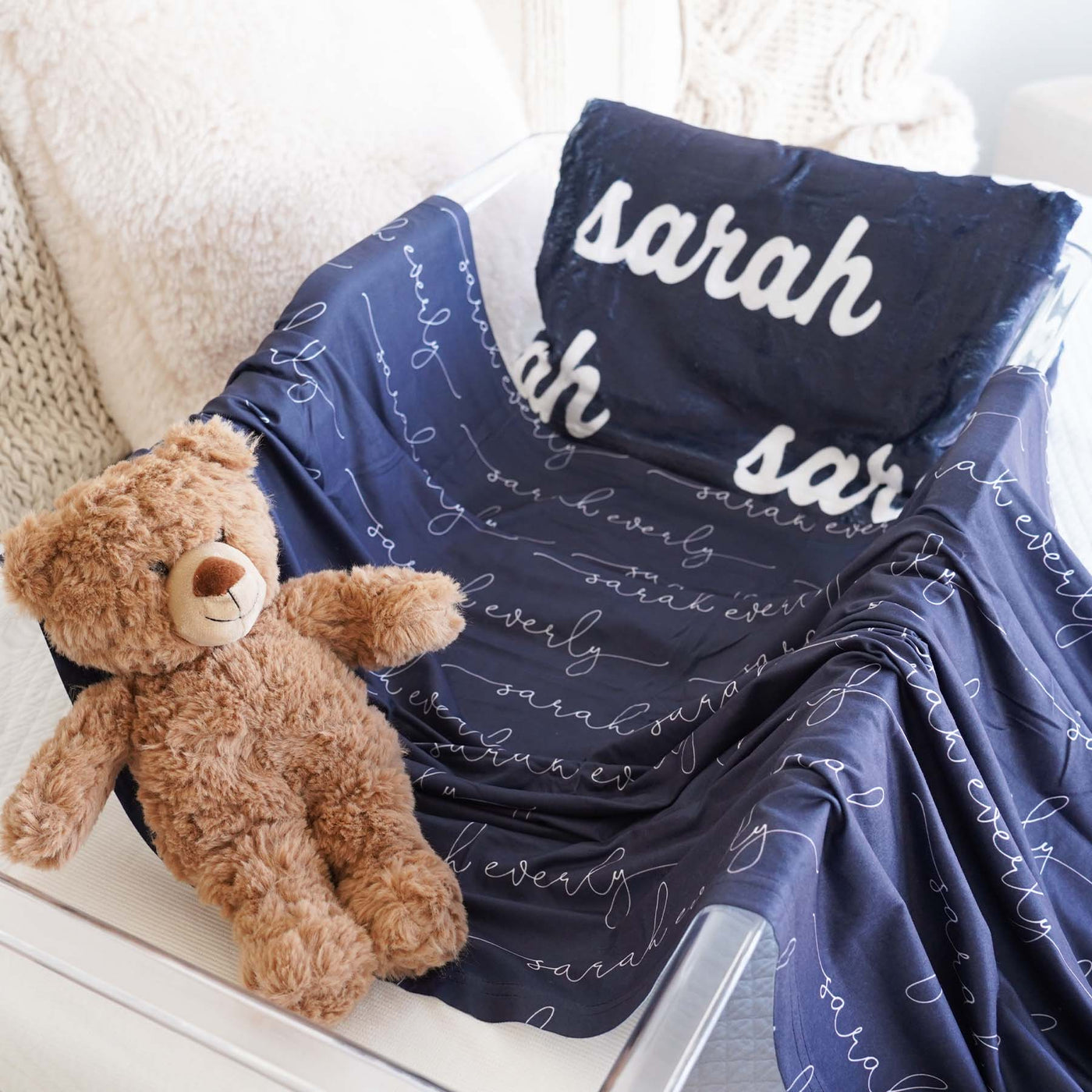 personalized swaddle blanket navy and white