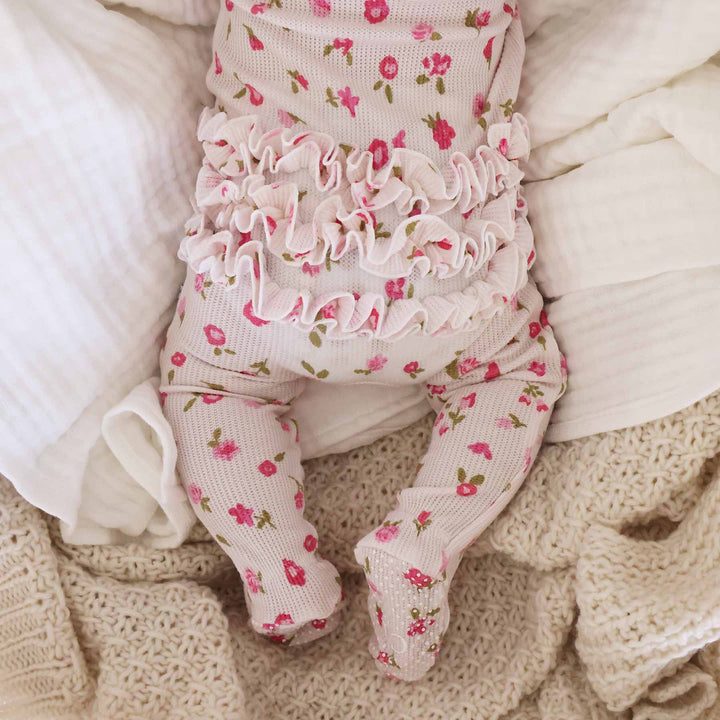 ruffle bottom baby zipper footie pink flowers