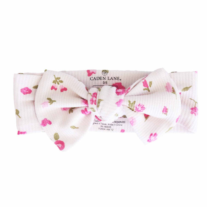 white with pink flowers waffle bamboo knit large bow headwrap