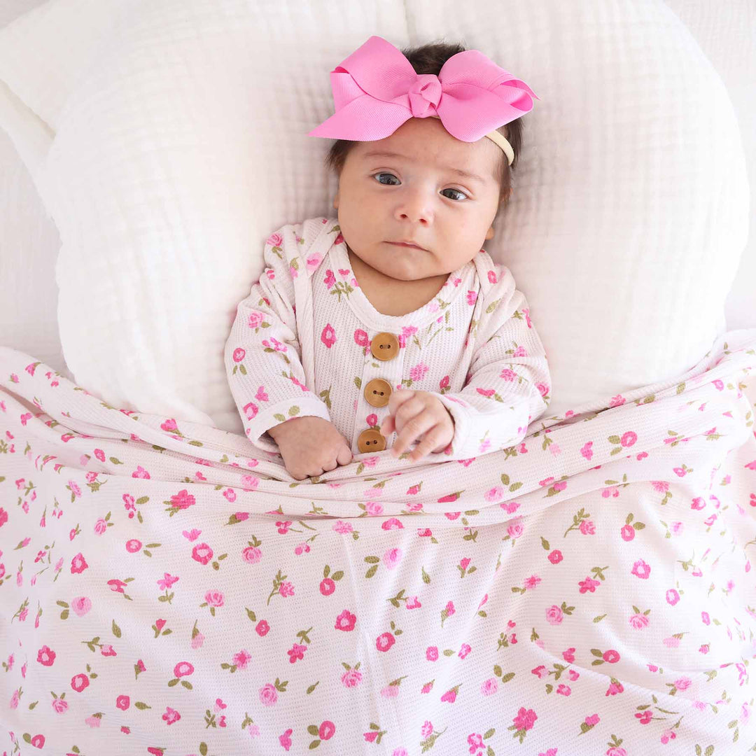 pink floral bamboo waffle oversized swaddle blanket for girls 