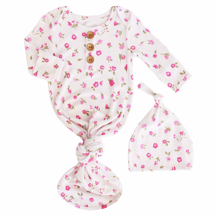 pink floral newborn baby knot gown & hat set 