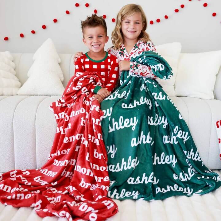 personalized solid christmas name blanket for kids red and green