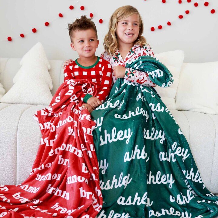 bright red and forest green personalized name blanket for kids christmas 