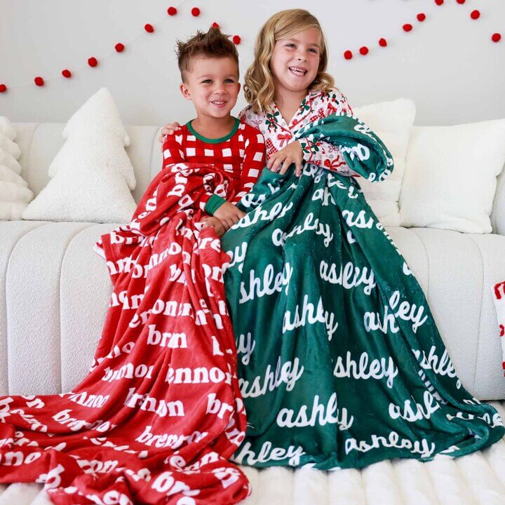 christmas personalized name blankets for kids red and green