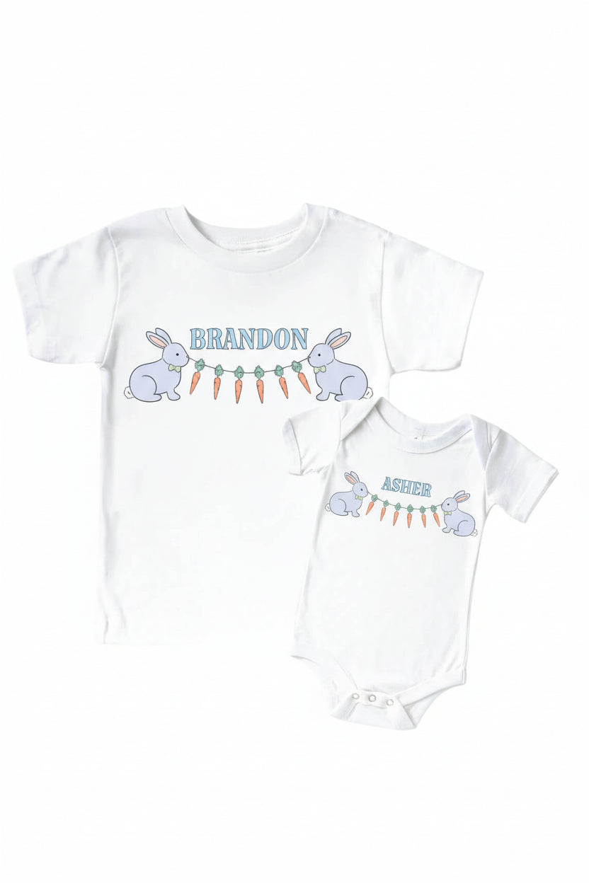 personalized easter graphic tee and bodysuit for kids with carrot garland 