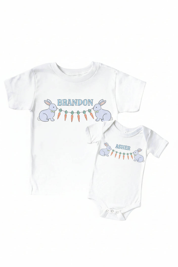 personalized easter graphic tee and bodysuit for kids with carrot garland 