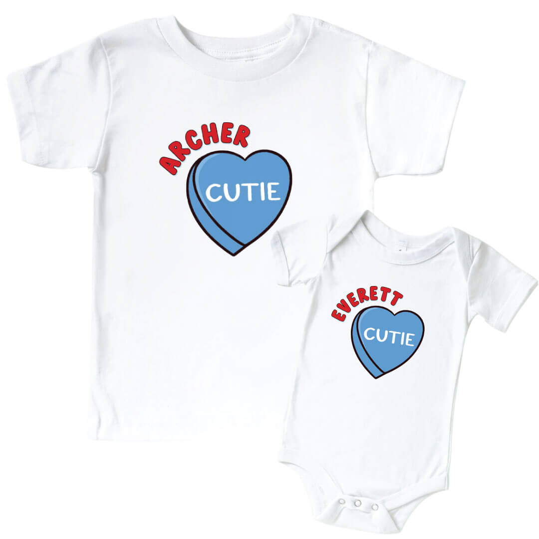 Personalized Blue Candy Heart Graphic Bodysuit & Kids Tee | White