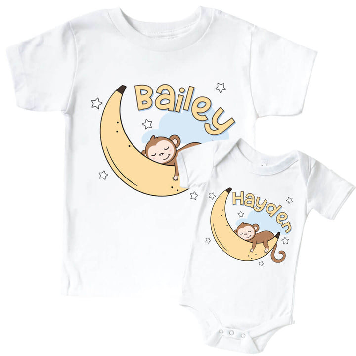 personalized name graphic tee and bodysuit with a monkey sleeping on a banana moon 