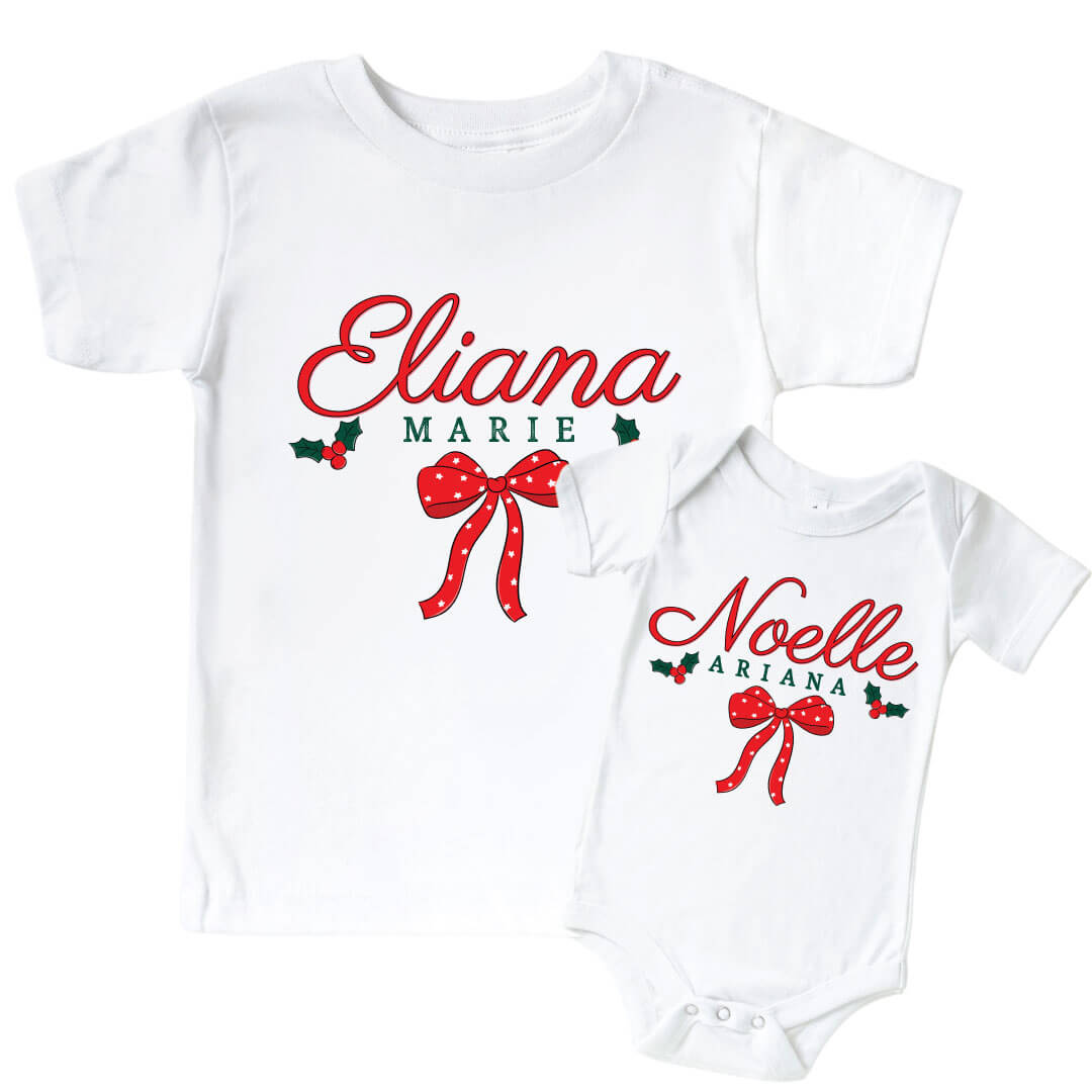 personalized christmas bow graphic t-shirt for girls 