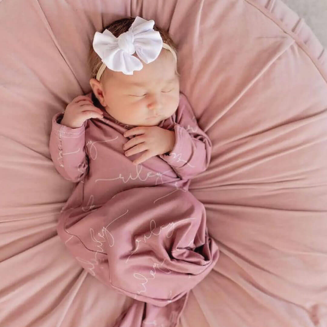 solid mauve personalized newborn knot gown