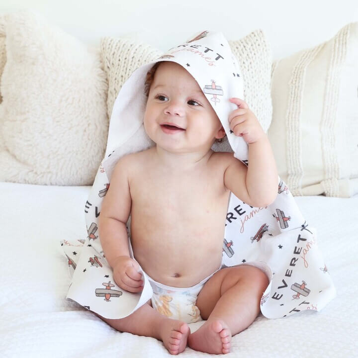 personalized hooded towel for babies with planes