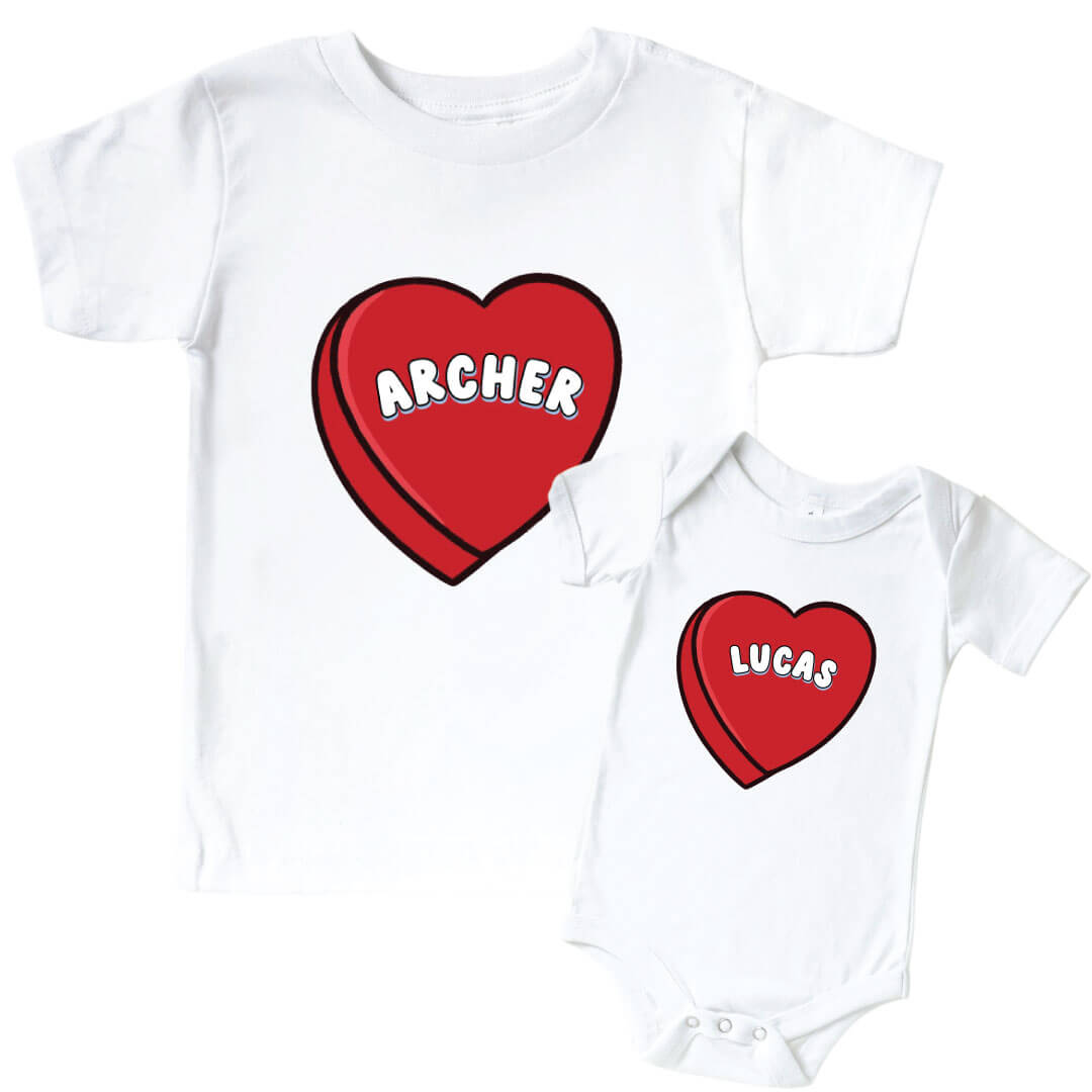 Personalized Red Candy Heart Graphic Bodysuit & Kids Tee | White
