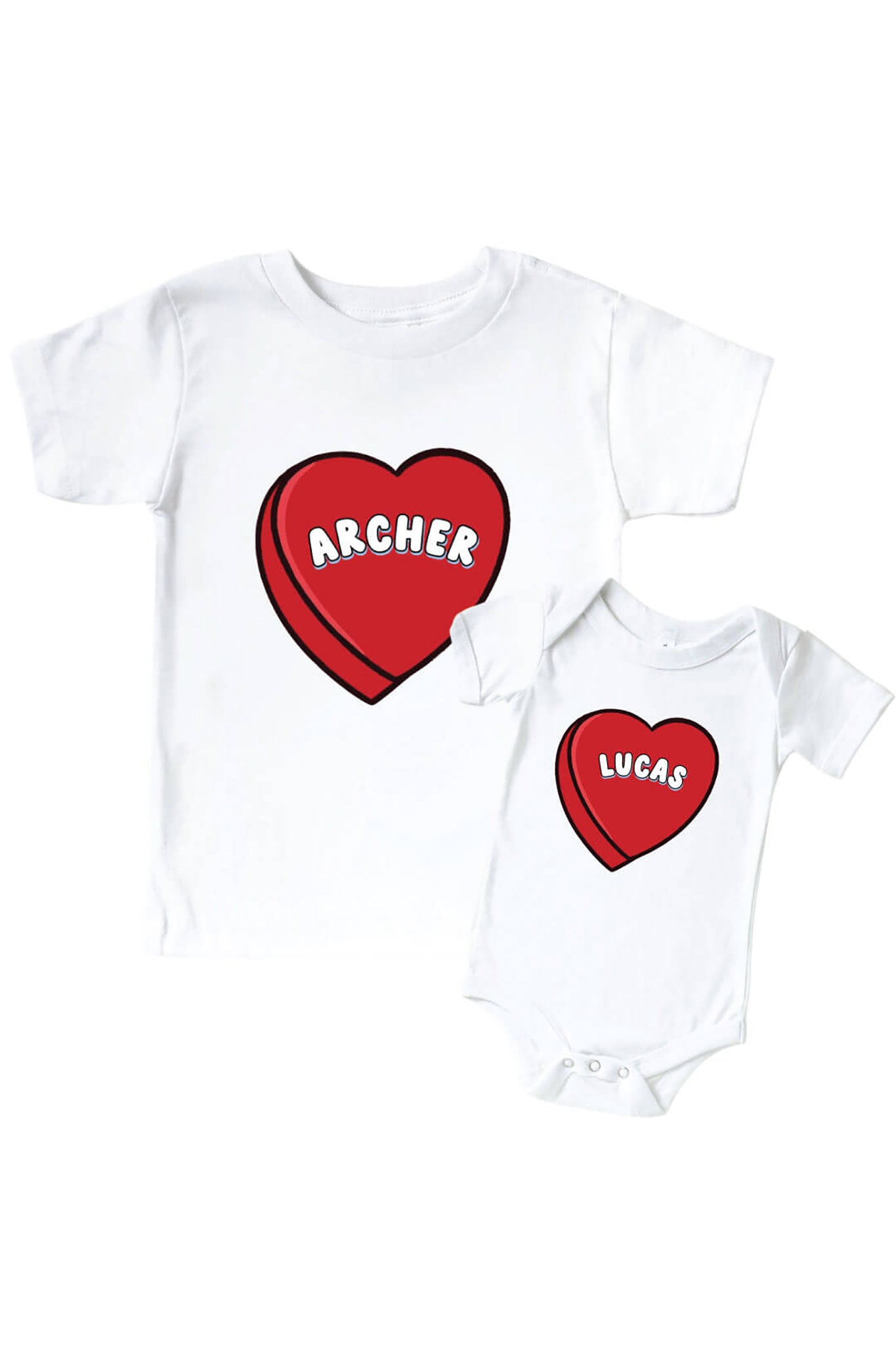 Personalized Red Candy Heart Graphic Bodysuit & Kids Tee | White