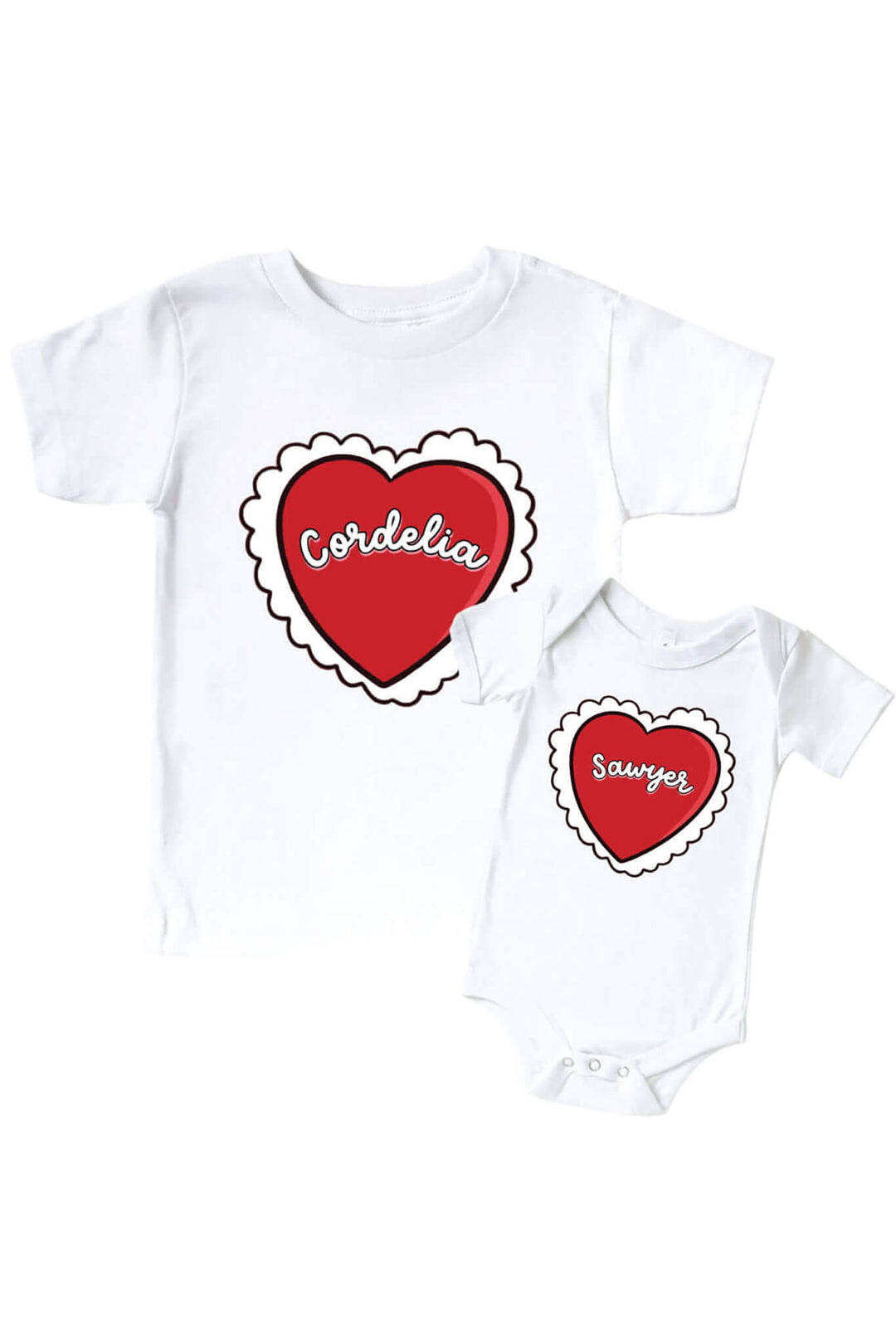 red heart personalized graphic tee and bodysuit for valentine's day