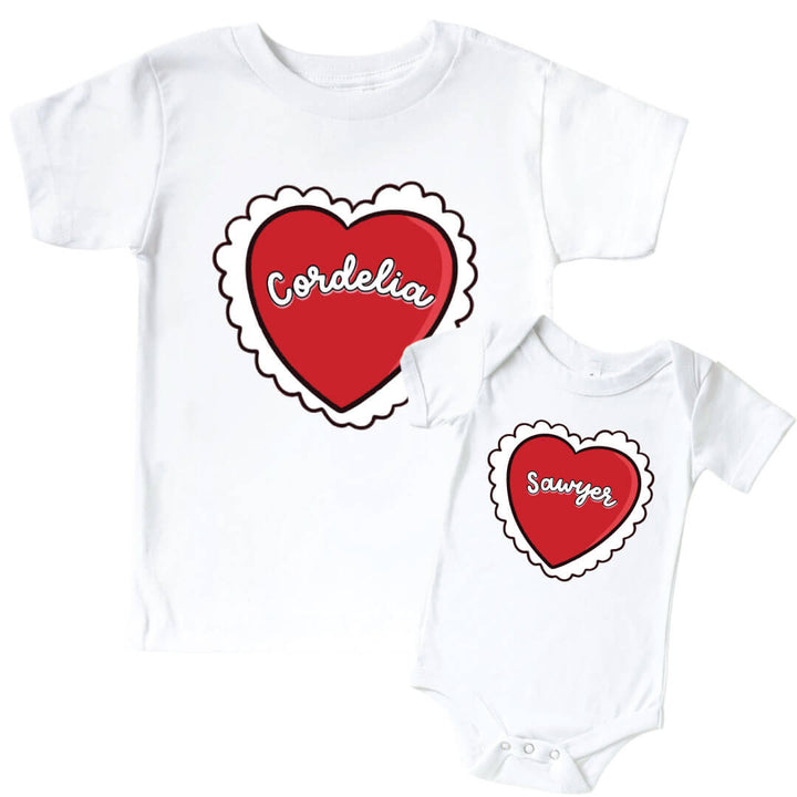 red heart personalized graphic tee and bodysuit for valentine's day