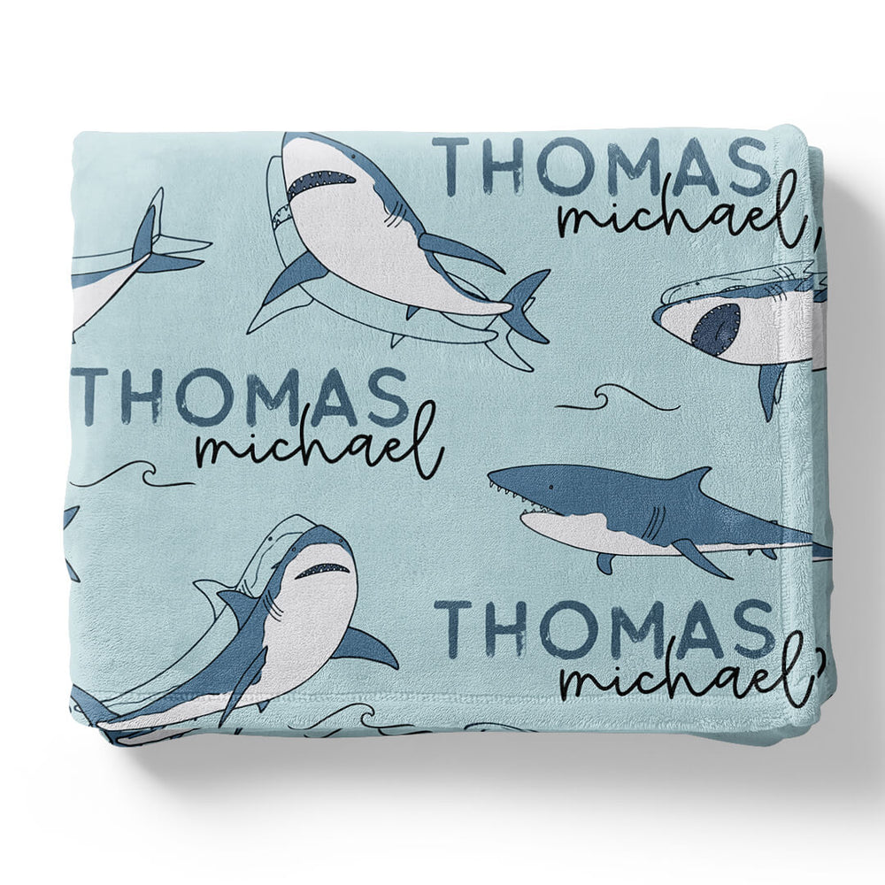 personalized shark blanket folded blue