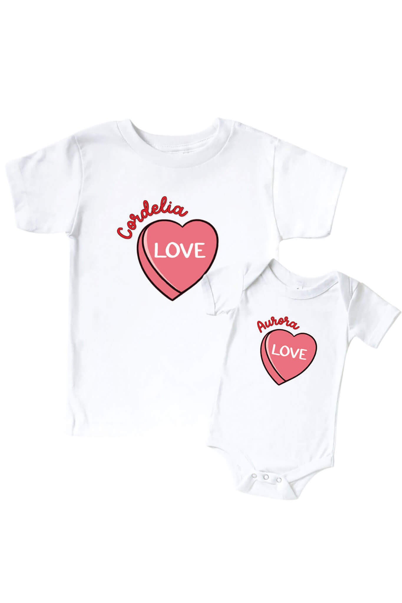 Personalized Pink Candy Heart Graphic Bodysuit & Kids Tee | White