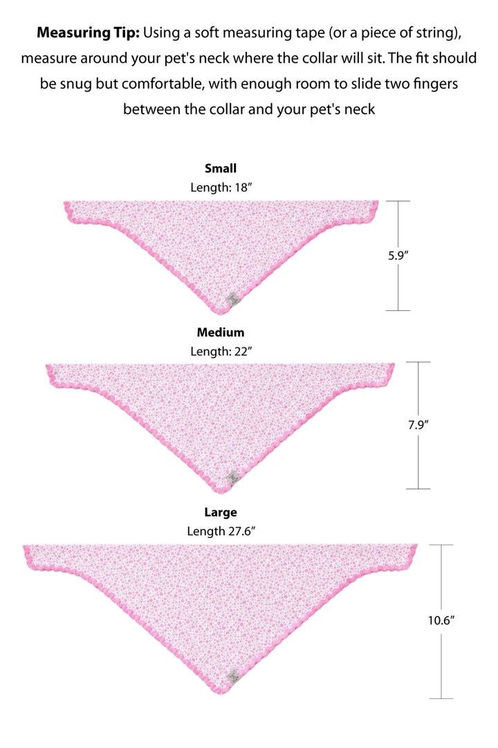 Size chart for pet bandanas. Small length 18" , Medium length 22", Large 27.6"