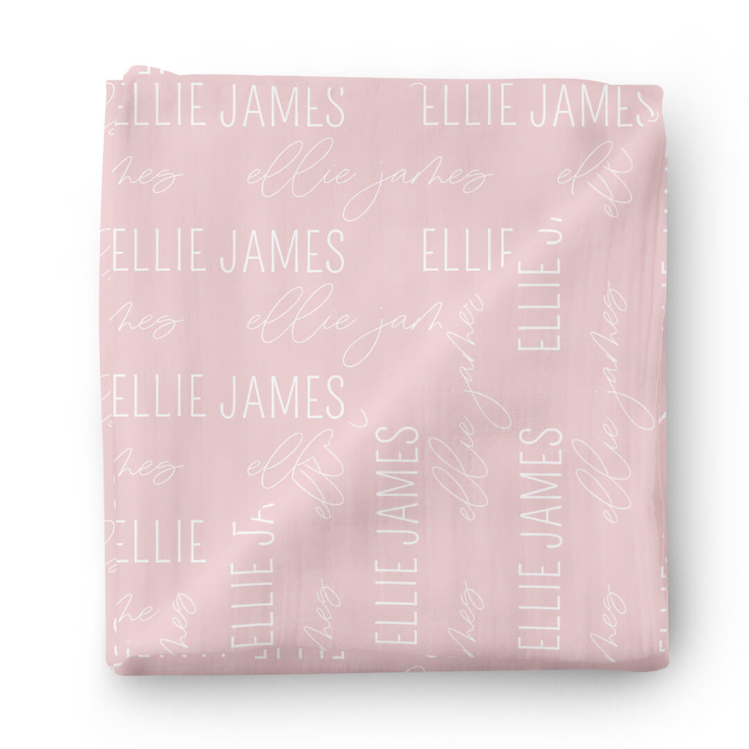 pink personalized swaddle blanket block and script 