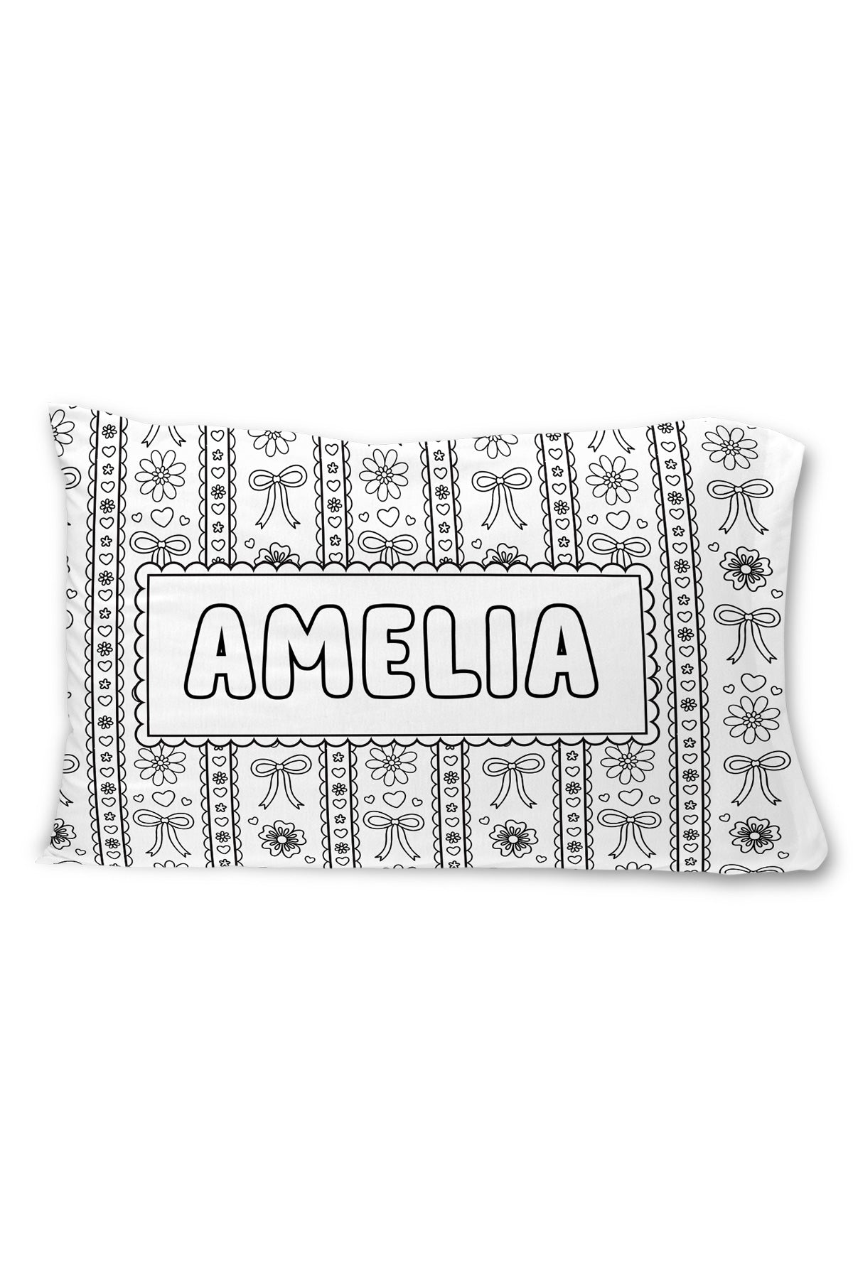 Caden Lane colorable pillowcase with the name "Amelia" in a scalloped frame, surrounded by a striped pattern of flowers, bows, and hearts.