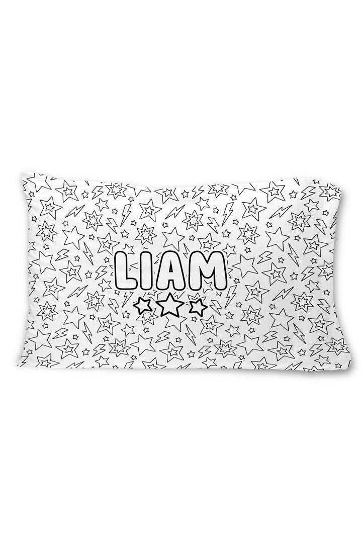 Caden Lane colorable pillowcase with the name "Liam" surrounded by a stars and lightning bolt pattern.