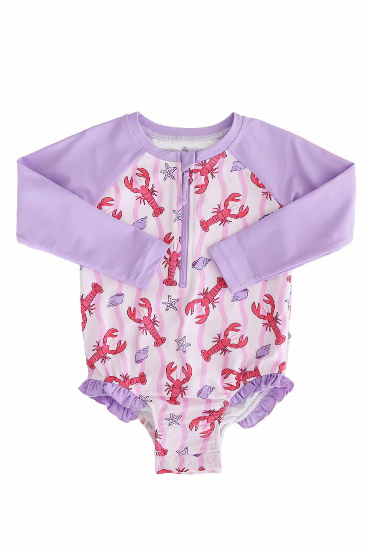 lobster, shell and starfish long sleeve rash guard one piece with front zipper 