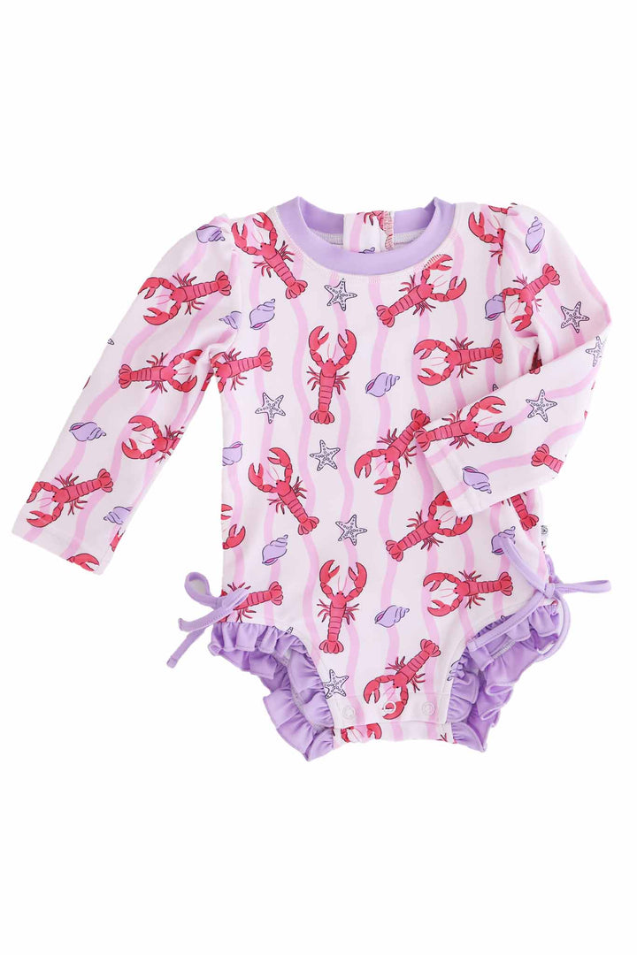 pinch me pink long sleeve rash guard swimsuit with purple ruffles 