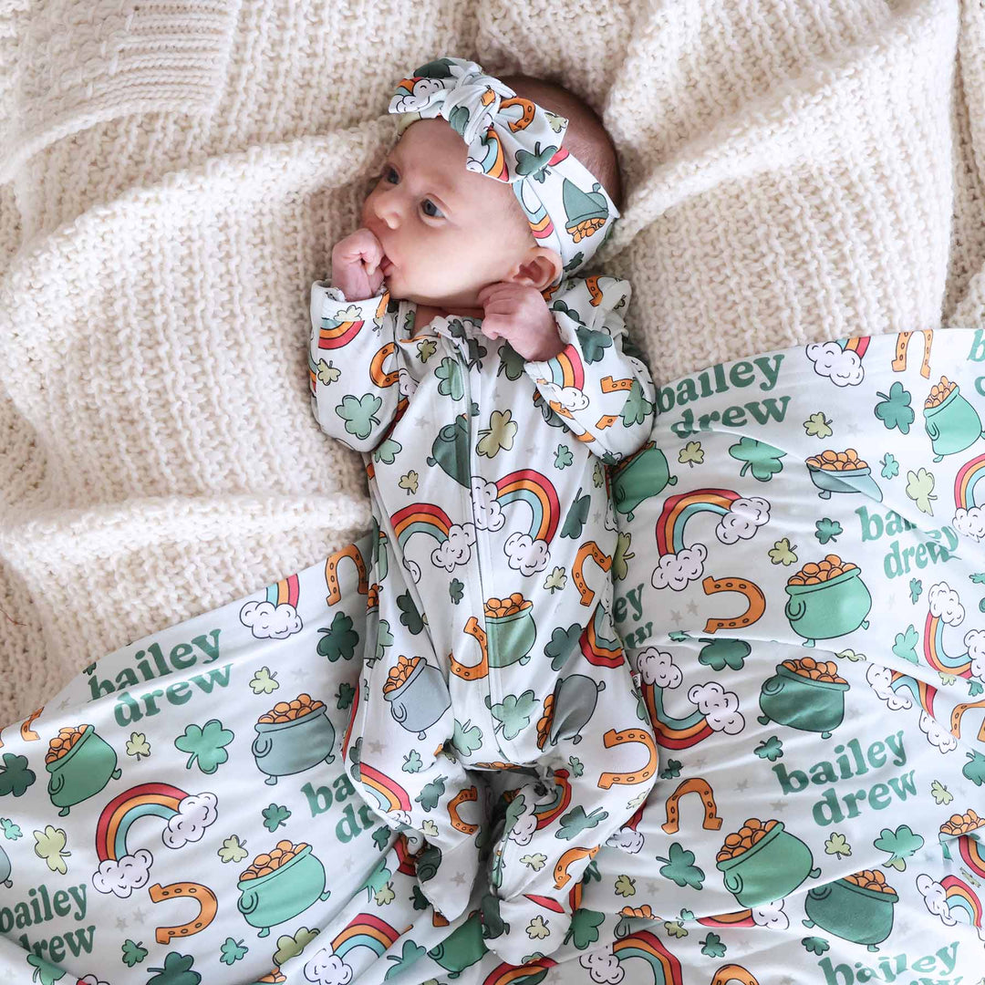 gender neutral st. patty's day zipper footie for babies made of bamboo 