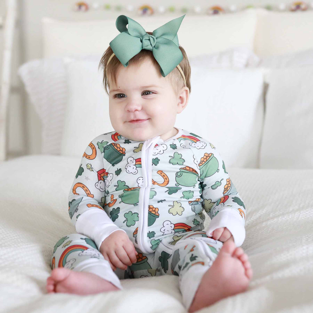 clover, rainbow, pot of gold, clover and horseshoe st. patrick's day pajama romper for babies 