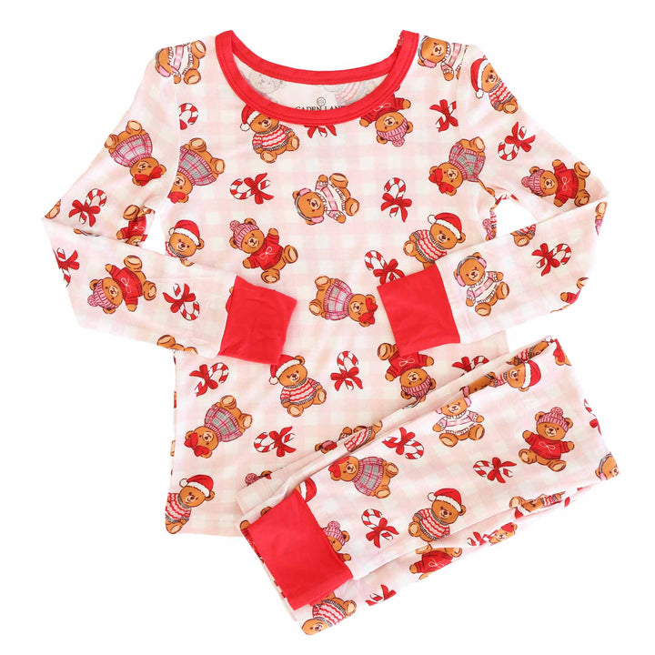 christmas teddy bear two piece pajama set for girls 