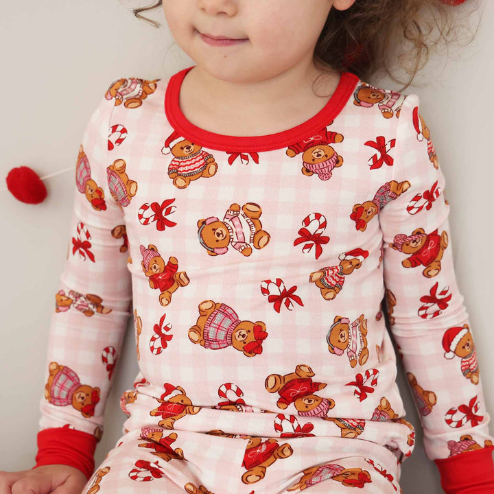 pink beary christmas two piece pajama set for girls