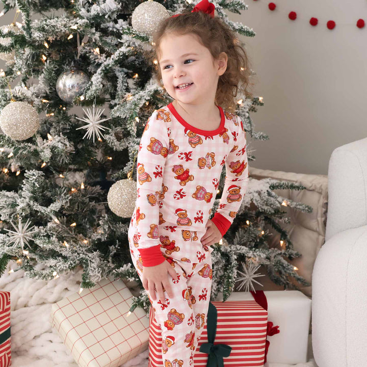 pink beary christmas two piece pajama set for girls 