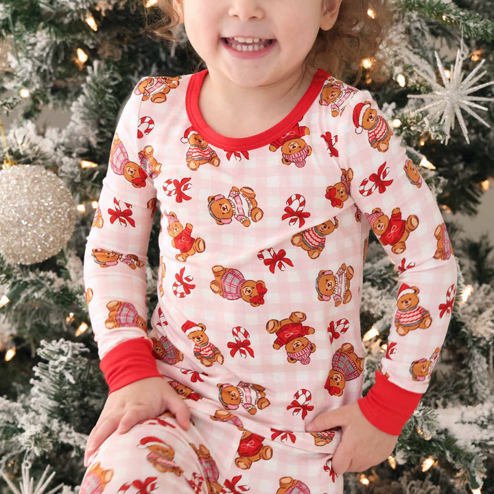 pink beary christmas two piece pajama set sibling matching christmas pajamas 