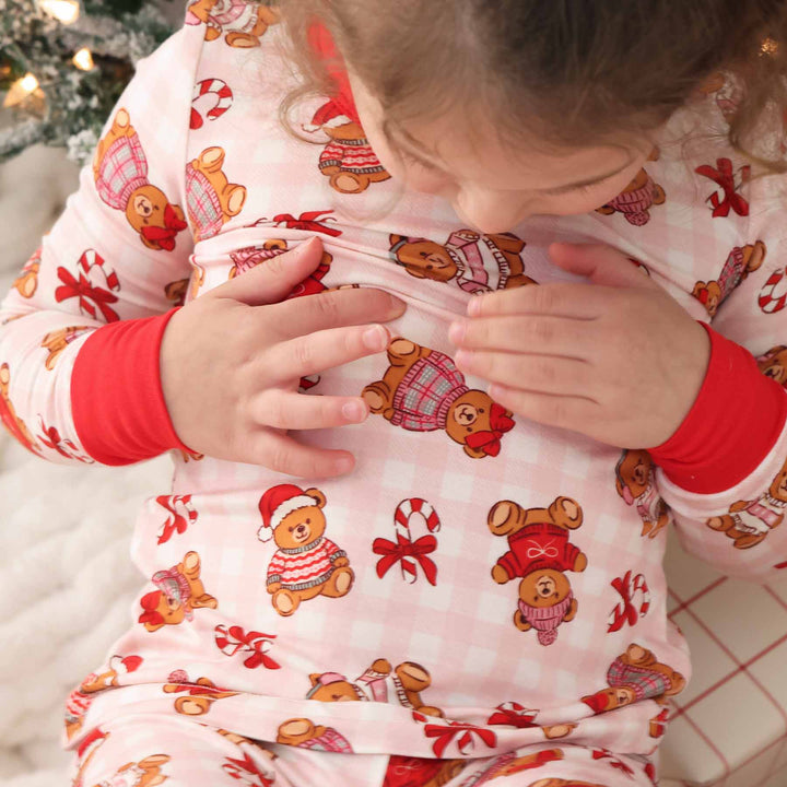 pink gingham teddy bear and candy cane bamboo viscose pajama set for girls 