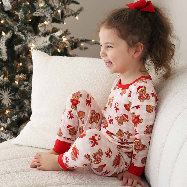 pink beary christmas two piece pajama set for girls 