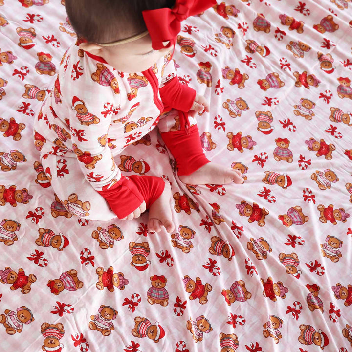 christmas teddy bear and candy cane double sided bamboo blanket for kids 