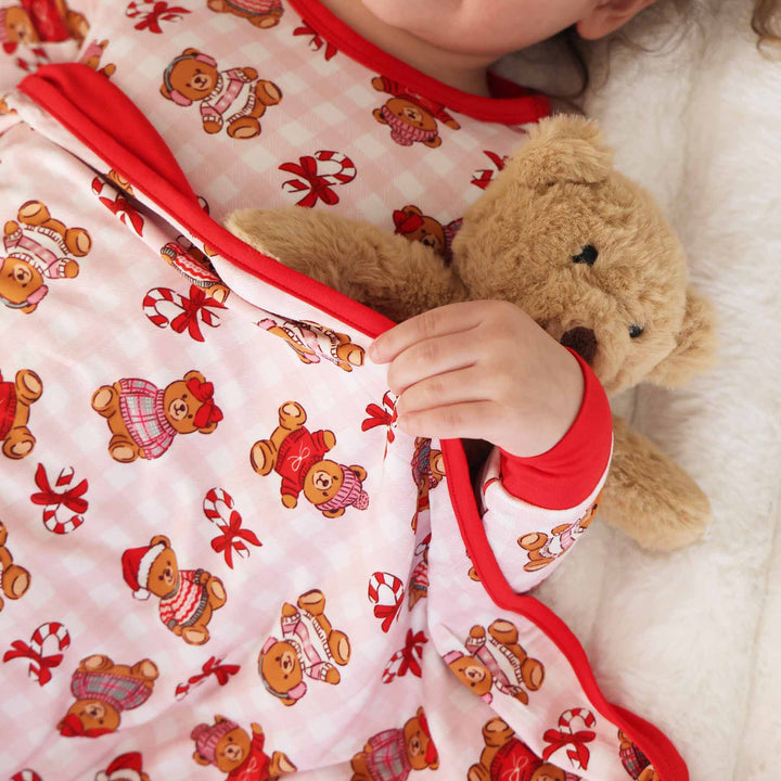 pink gingham double sided bamboo blanket for girls with teddy bears in christmas sweaters