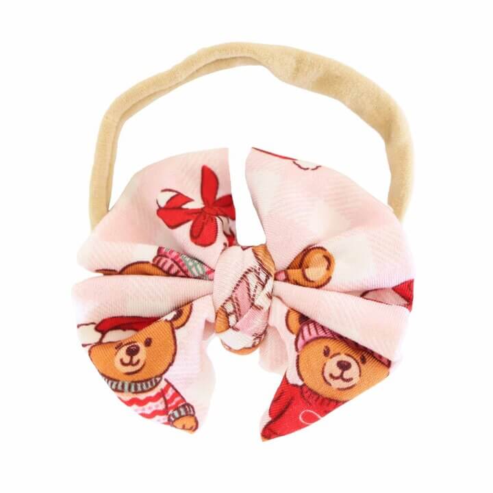 pink beary christmas knit bow headband for babies 