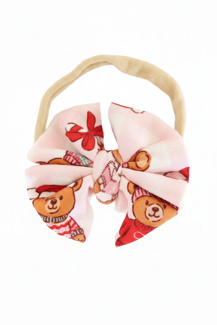 pink beary christmas knit bow headband for babies 