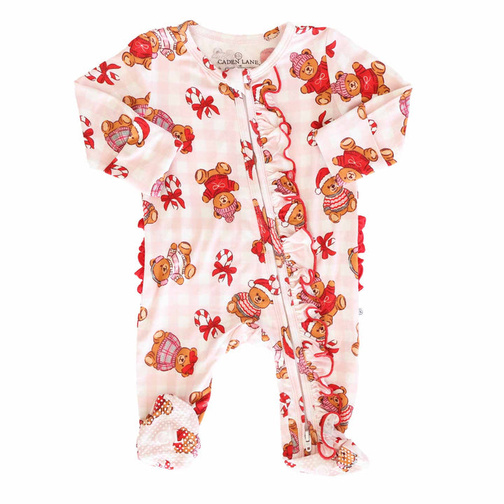 ruffle zipper footie for girls with teddy bears dressed in christmas sweaters in santa hats, ear muffs, beanies and bows sprinkled with candy canes