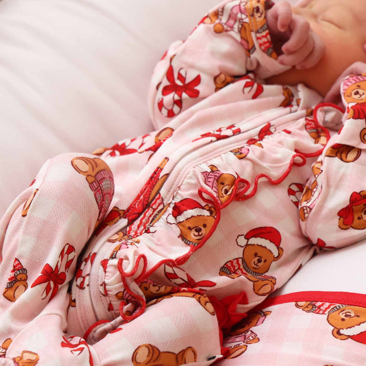 pink beary christmas bamboo viscose ruffle zipper footie for girls 