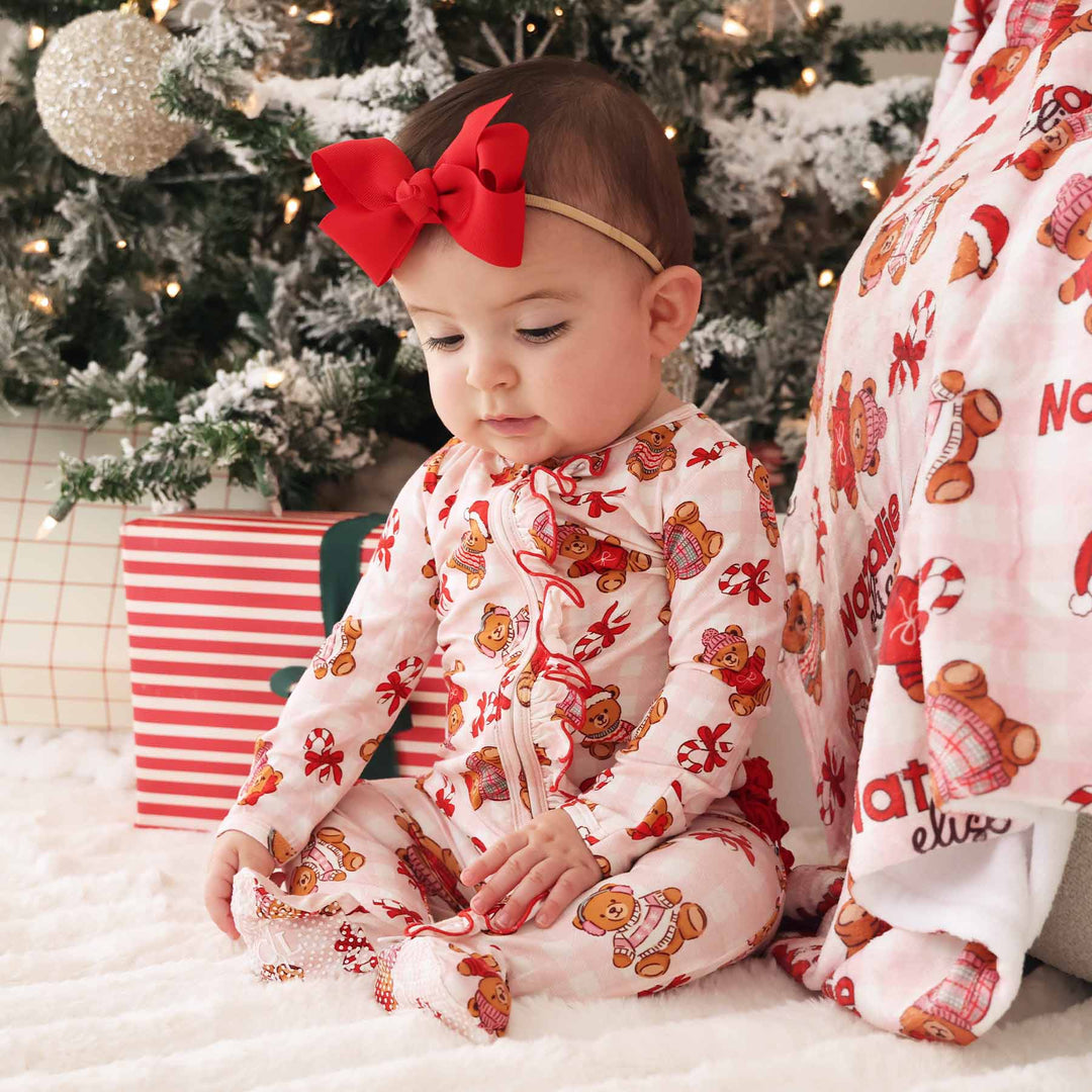 pink beary christmas ruffle zipper footie for girls 