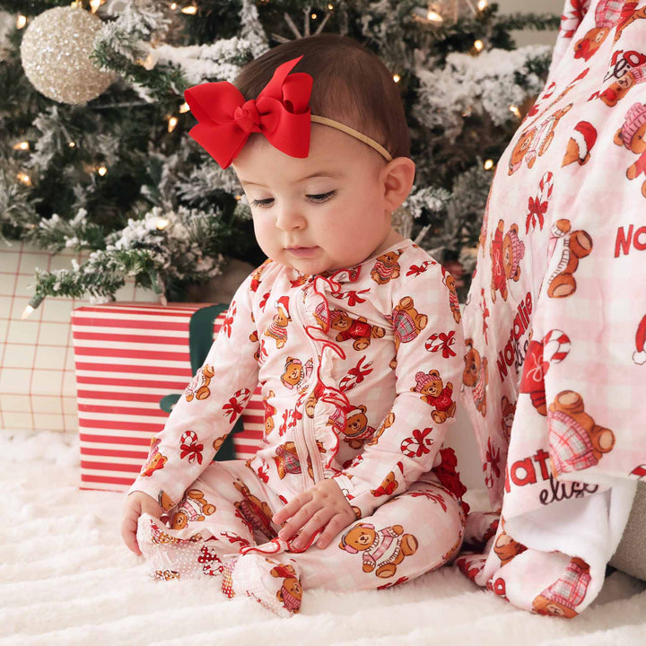 pink beary christmas ruffle zipper footie for girls 