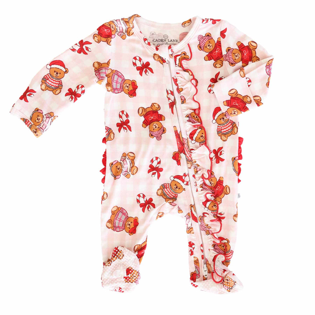 caden lane bamboo viscose pink beary christmas ruffle zipper footie for girls 